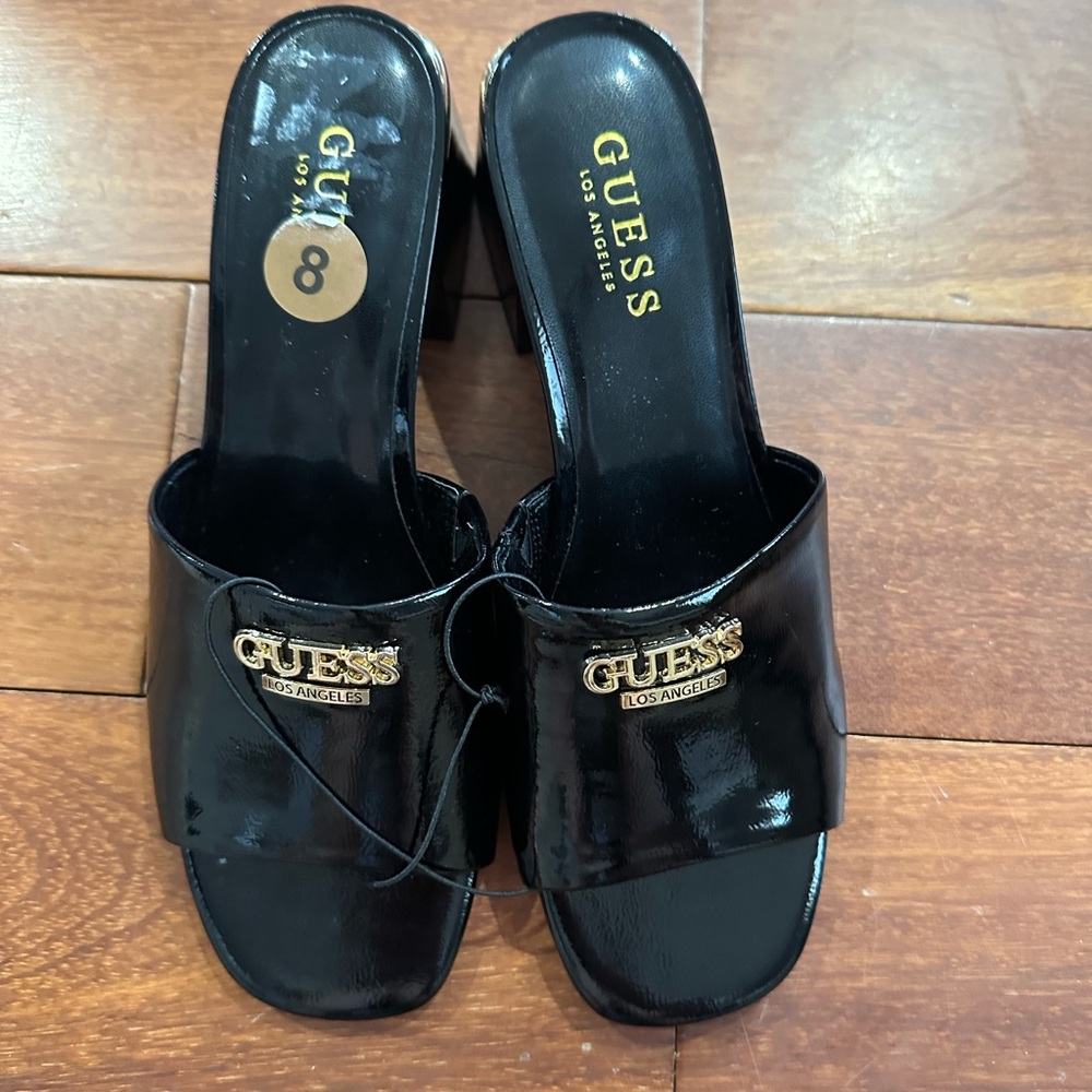 Guess Shiny Black Women's Mules heeled sandal new